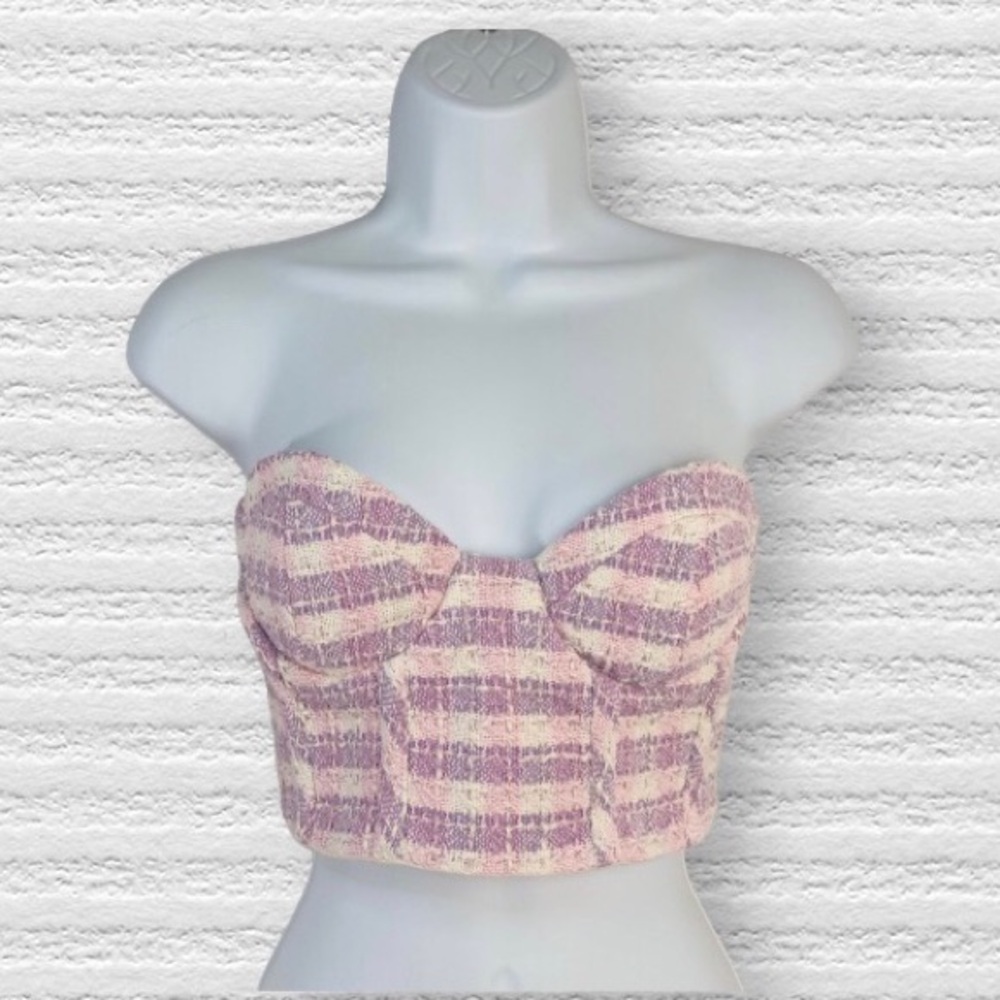 ZARA Pink Purple Plaid Bustier Cropped Top Sz M